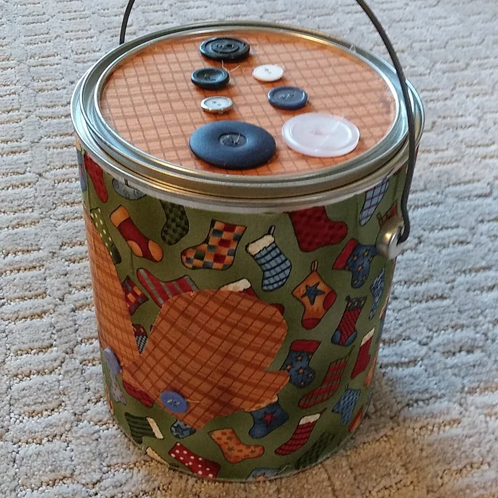 Button or Sewing Supply Storage Can with Secure Lid Closure and Handle